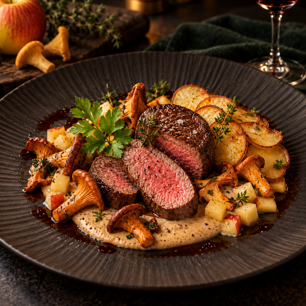 Beef fillet with chanterelle cream, apple and crisp potatoes